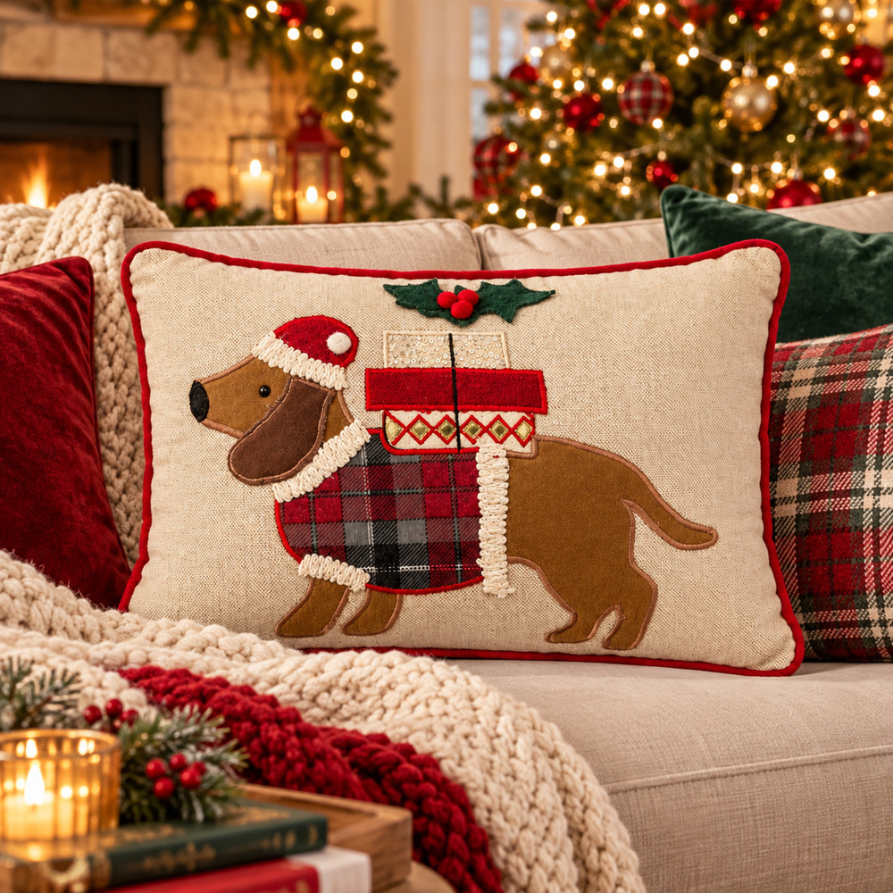 Christmas Dachshund Dog Tartan Plaid Embroidered Pillow Ralph Lauren Inspired